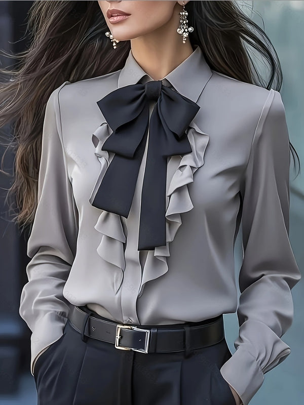 Long Sleeve Blouse With Button Closure And Ruffled Bow – Elegant Women's Blouse For Business & Casual Wear