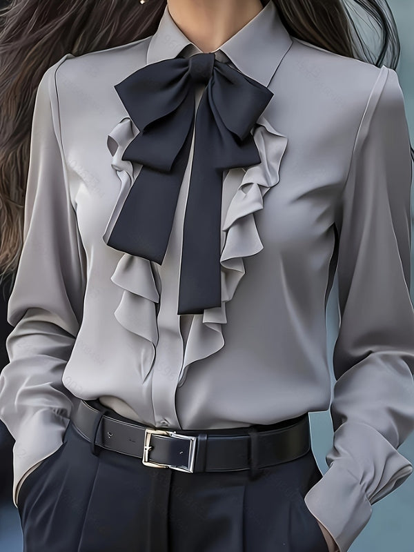 Long Sleeve Blouse With Button Closure And Ruffled Bow – Elegant Women's Blouse For Business & Casual Wear