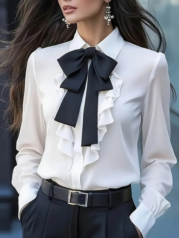 Long Sleeve Blouse With Button Closure And Ruffled Bow – Elegant Women's Blouse For Business & Casual Wear
