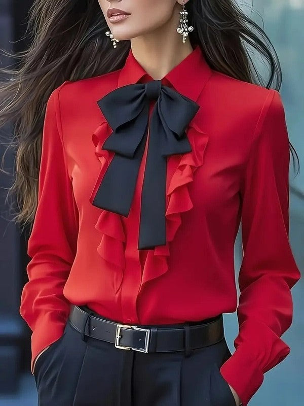 Long Sleeve Blouse With Button Closure And Ruffled Bow – Elegant Women's Blouse For Business & Casual Wear